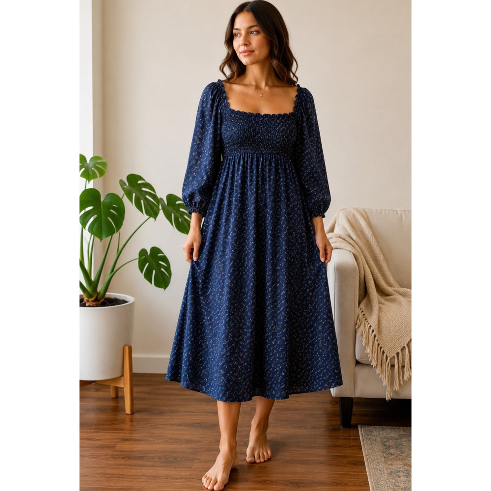 O.P.T. One Pretty Time Navy Floral Smocked Midi Dress Viscose Flax Linen Small